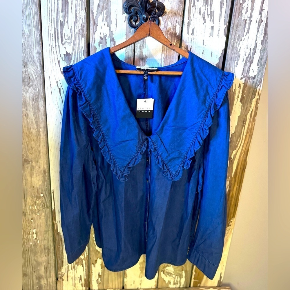 Eloquii Elements NWT Chambray Long Sleeve Button Up Ruffle Collar Size 26